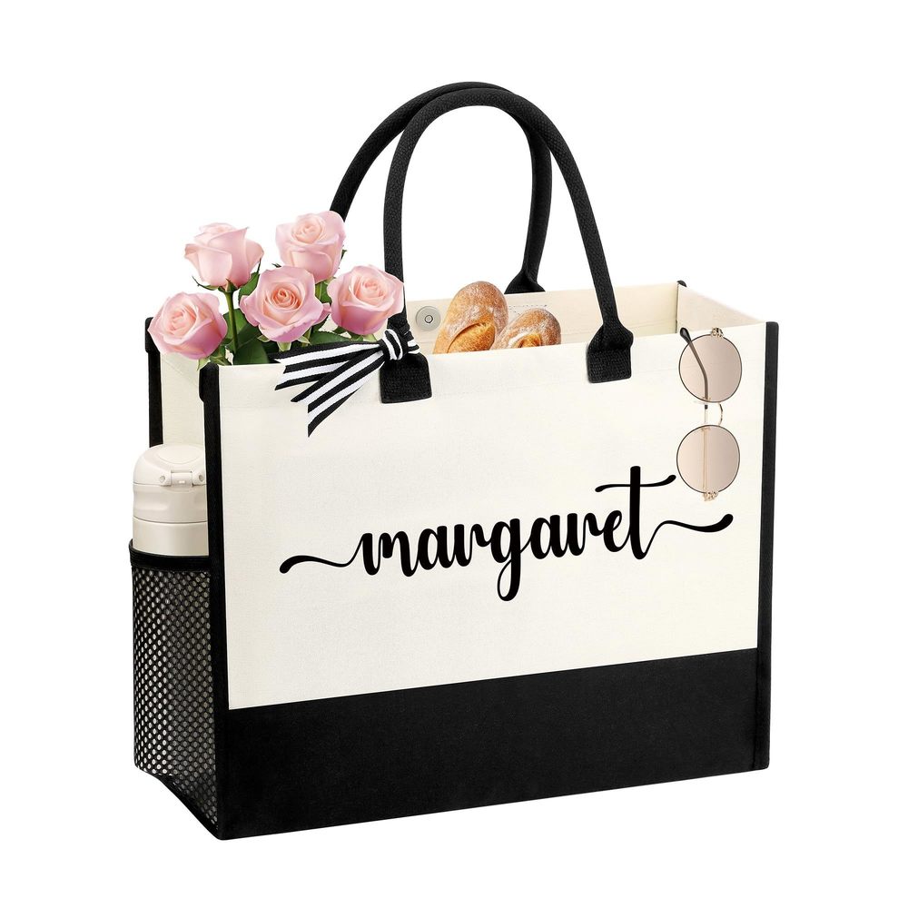 Margarent Tote Bag - Embroidery Name Canvas Tote Bag, Bridesmaid & T_T